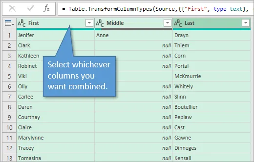 Select columns in the power query editor