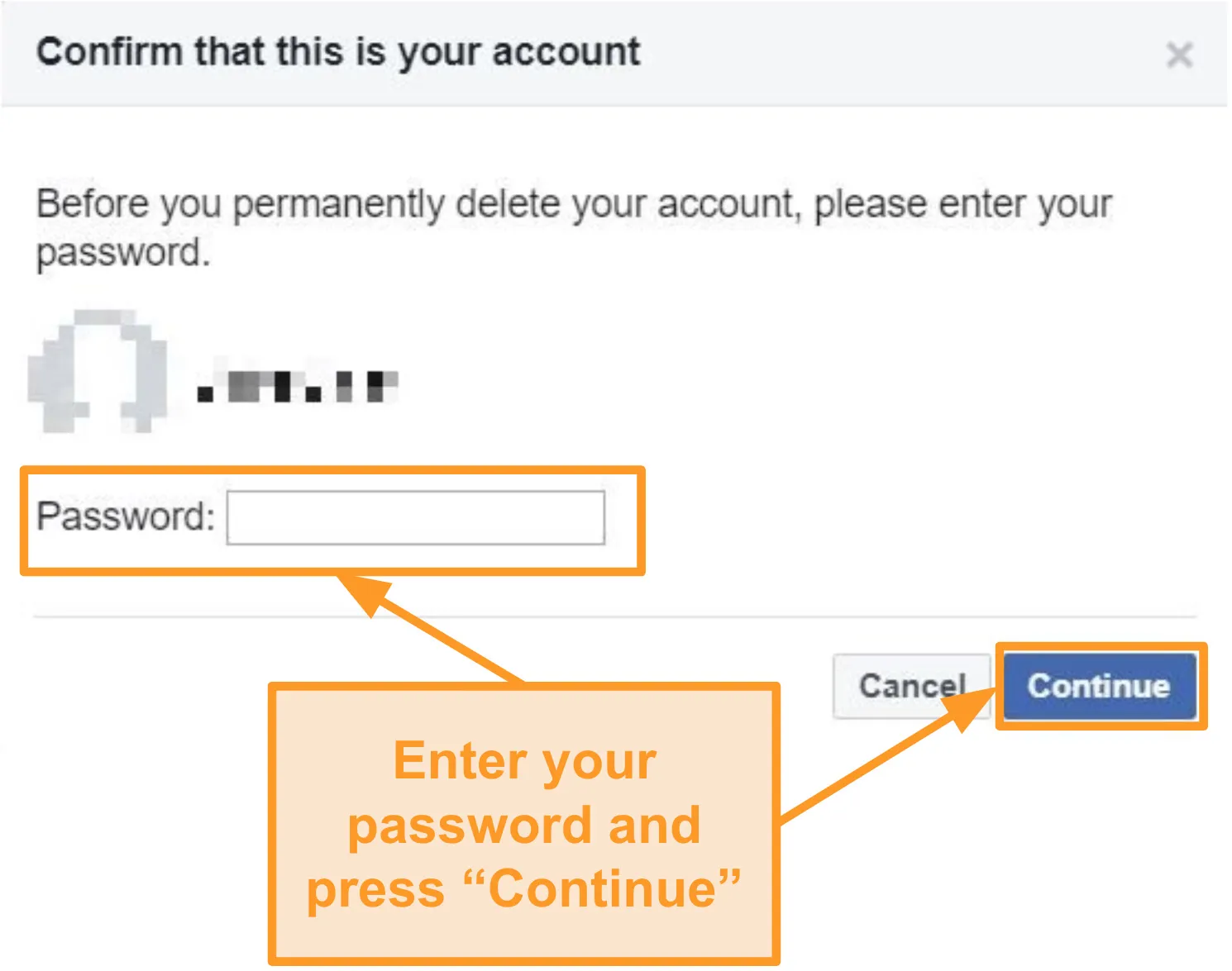Screenshot of entering password to confirm account deletion