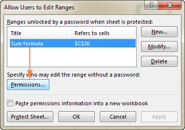 Select the range that you want to allow to edit without password, and click the Permissions button.